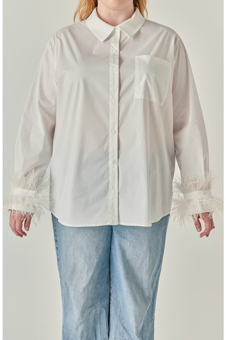 Faux Feather Trim Pointed Collar Shirt, Alternate, color, WHITE