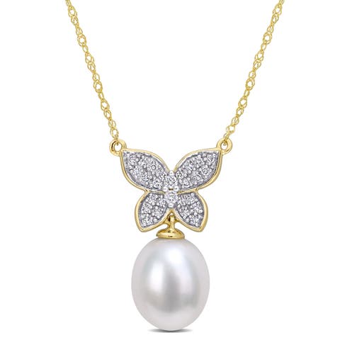 Pearl & Diamond Butterfly Drop Necklace 10k