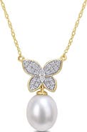Julianna B. Pearl & Diamond Butterfly Drop Necklace 10k