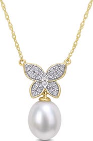 Julianna B. Pearl & Diamond Butterfly Drop Necklace 10k