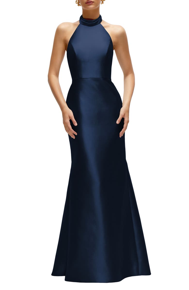Alfred Sung Halter Satin Trumpet Gown, Main, color, Midnight