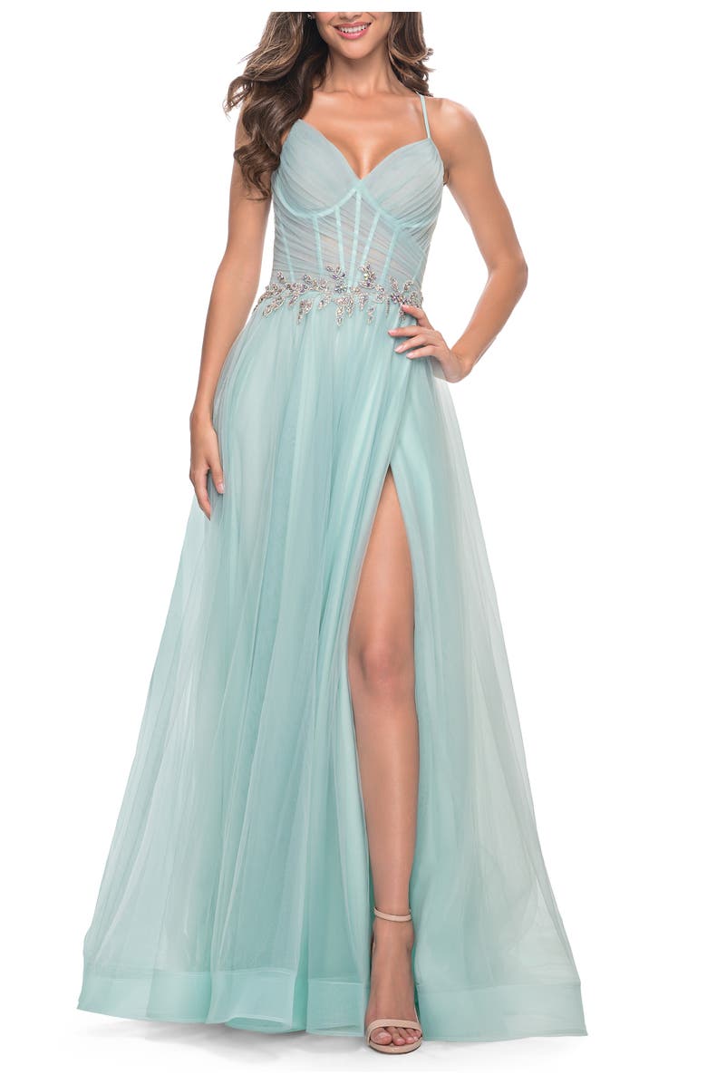 La Femme A-Line Prom Gown with Ruched Bodice and Rhinestone Belt Detail, Alternate, color, Light Blue