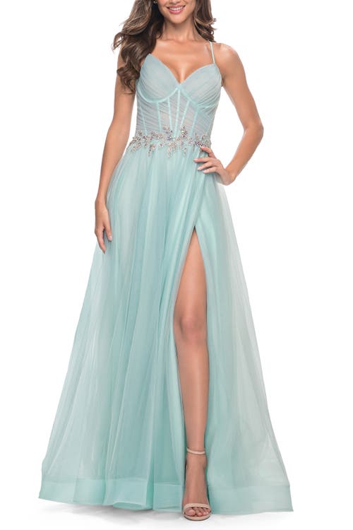 La Femme A-line Prom Gown With Ruched Bodice And Rhinestone Belt Detail