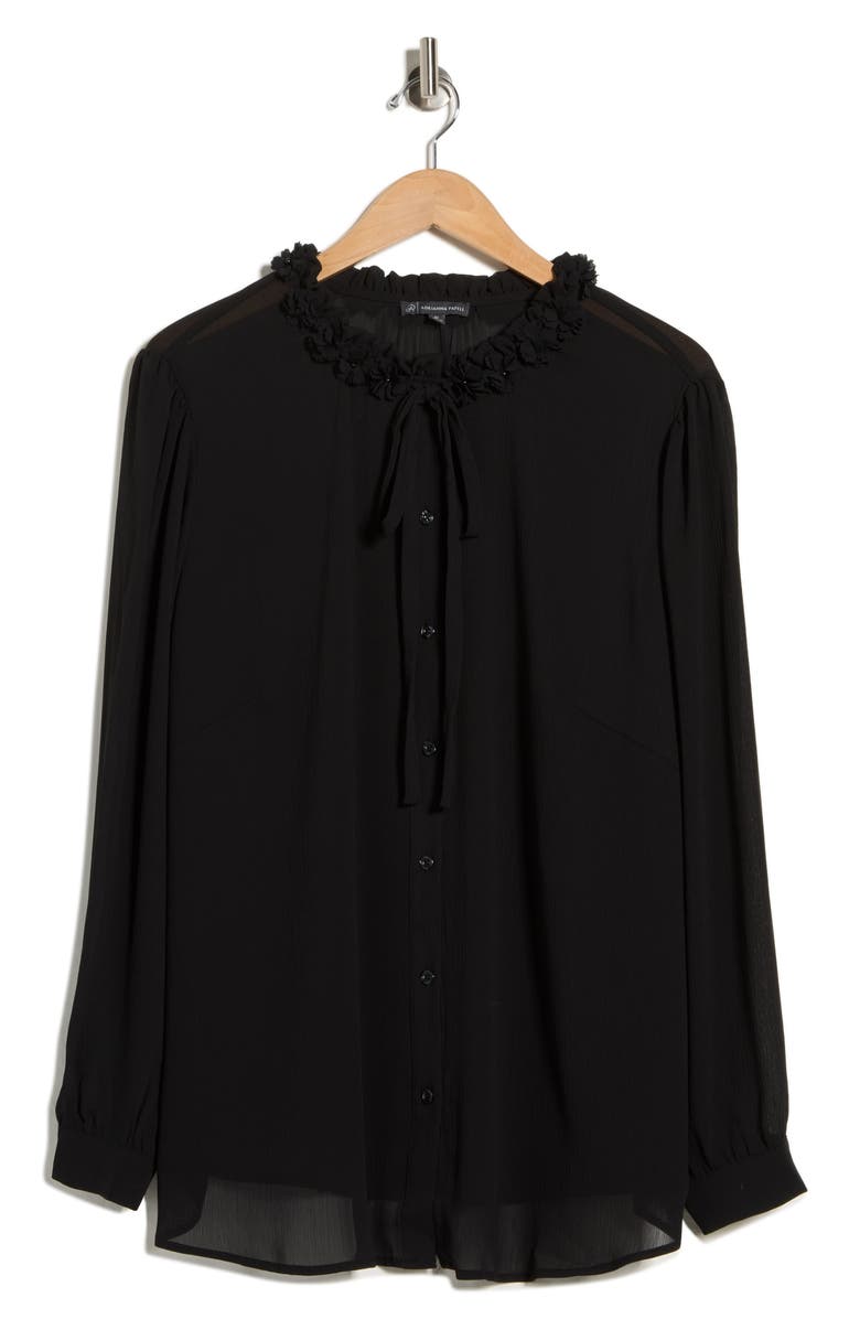 Adrianna Papell Flower Tie Neck Button-Up Shirt, Alternate, color, Black