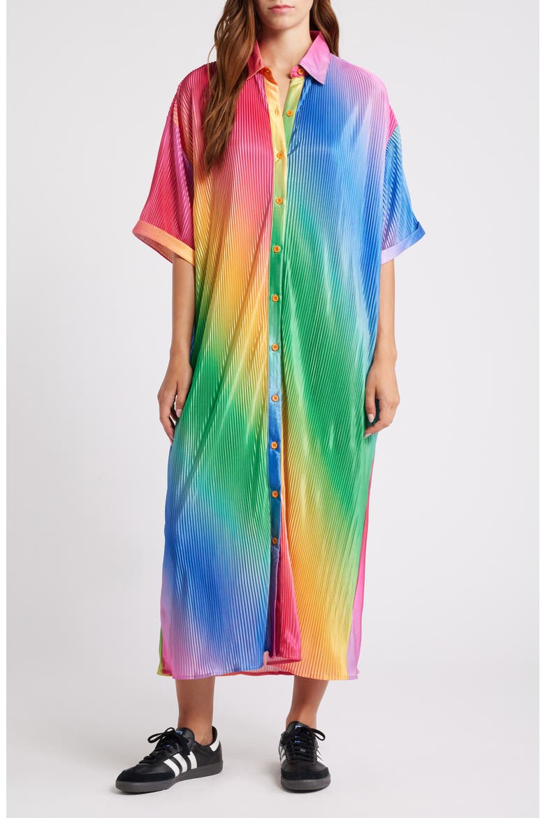So Far So Good Oversize Plissé Shirt Dress, Main, color, PRISMATIC RAINBOW