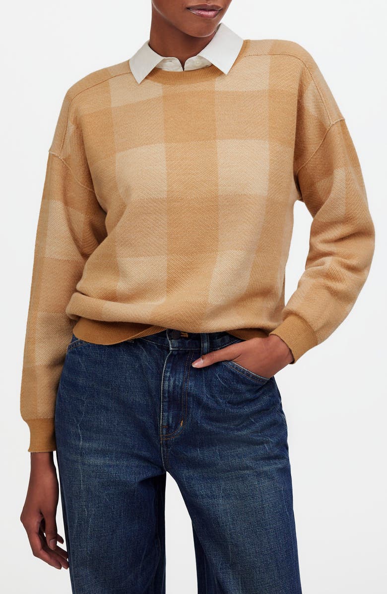 Madewell Plaid Merino Wool Pullover Sweater, Main, color, Camel Combo
