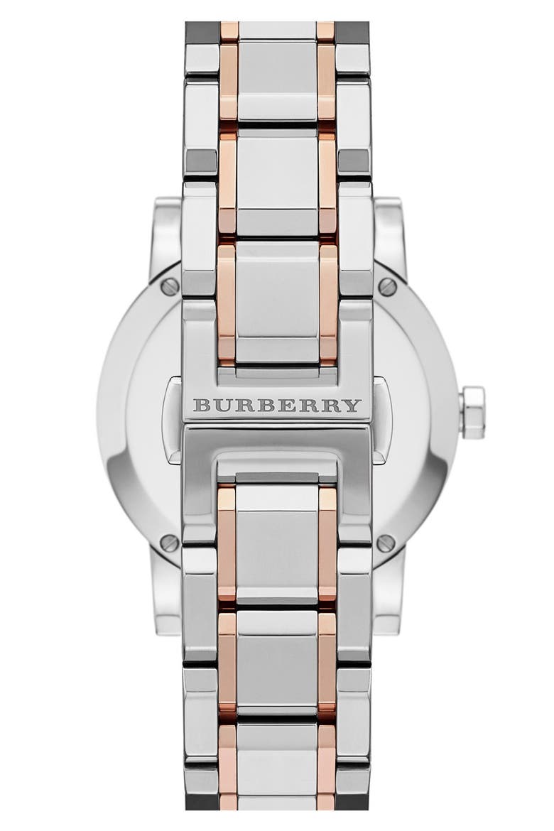 Medium Check Stamped Bracelet Watch, 34mm, Alternate, color, SILVER/ ROSE GOLD