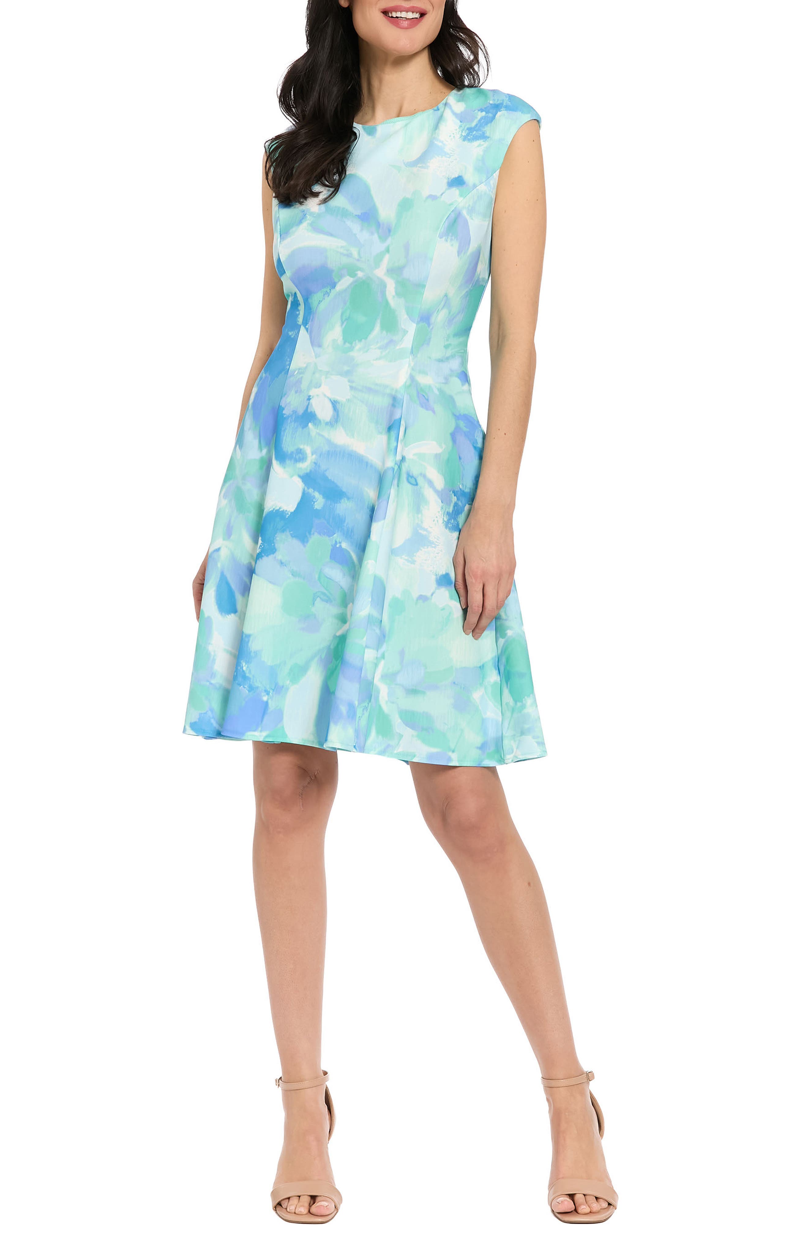 London Times Cap Sleeve Fit & Flare Dress