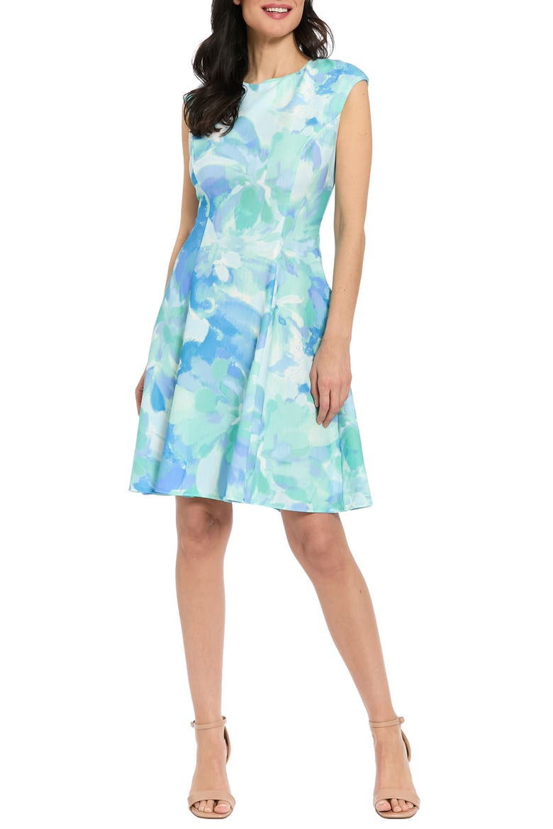 Cap Sleeve Fit & Flare Dress, Main, color, SAGE/ BLUE