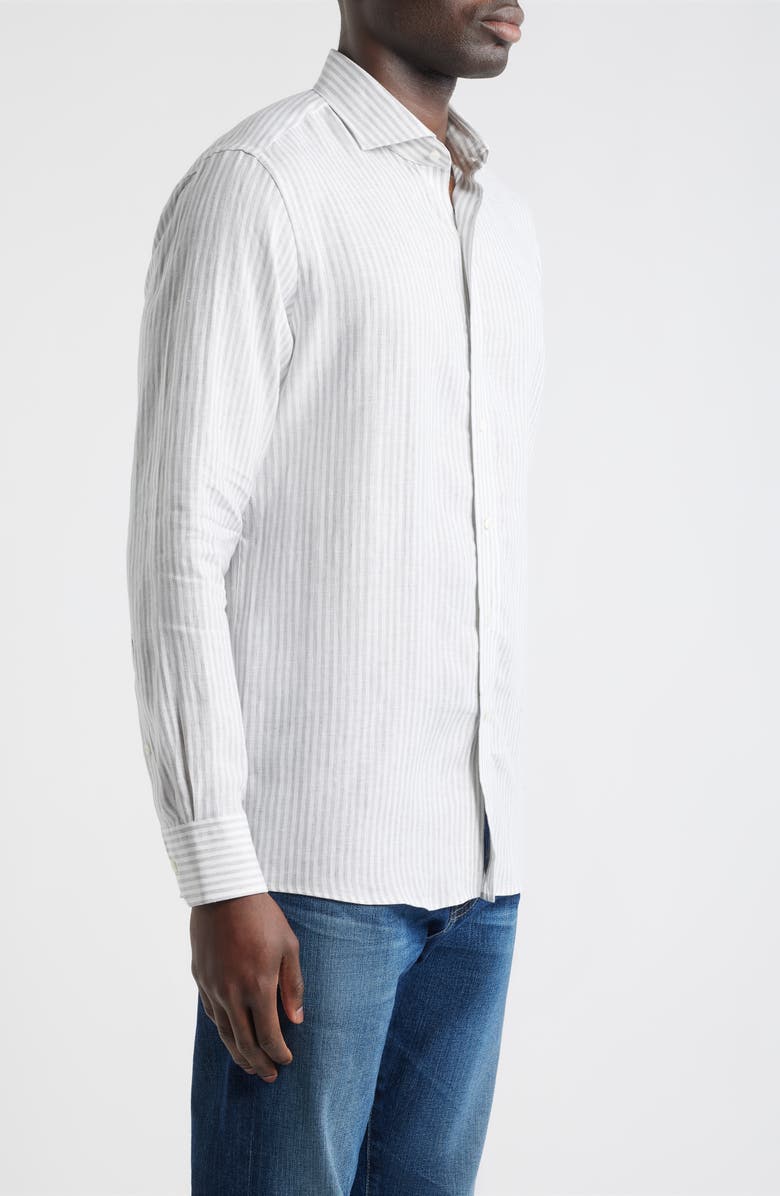 Peter Millar Crown Crafted Astino Lino Stripe Linen Button-Up Shirt, Alternate, color, British Grey