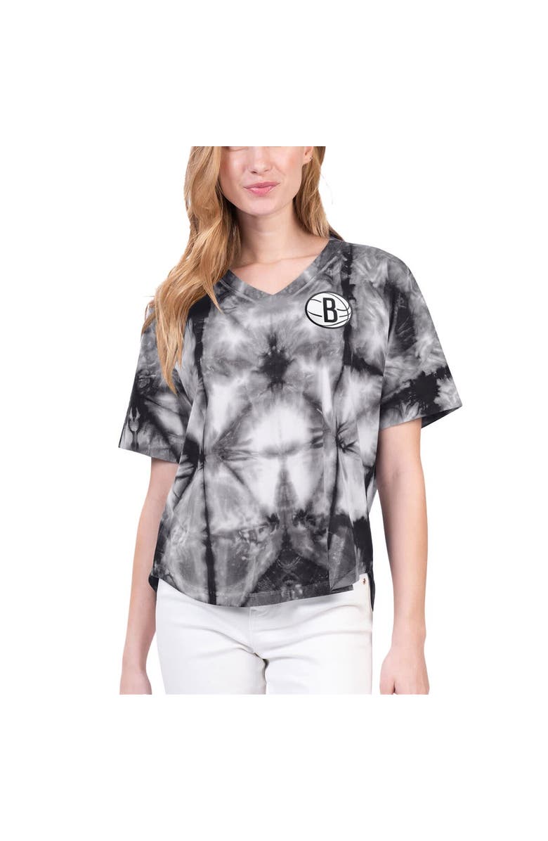G-III 4HER BY CARL BANKS Women's G-III 4Her by Carl Banks Black Brooklyn Nets Tournament Raglan Oversized Tie-Dye V-Neck T-Shirt, Main, color, Black