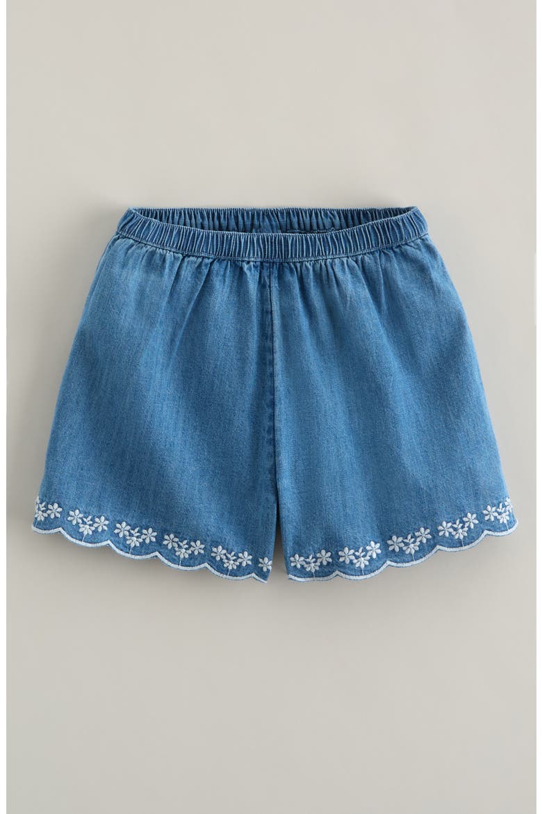 Kids' Embroidered Scalloped Hem Cotton Chambray Shorts, Main, color, MID GEM WASH