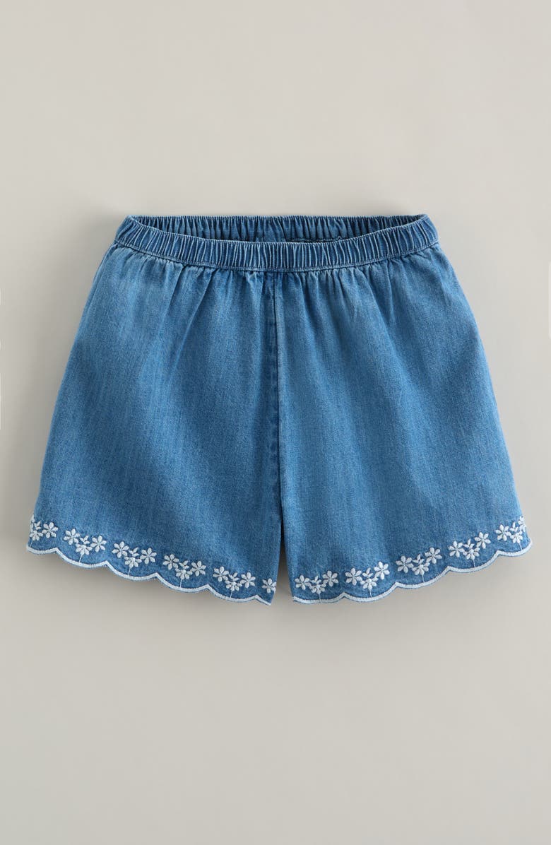 Nordstrom Kids' Embroidered Scalloped Hem Cotton Chambray Shorts, Main, color, Mid Gem Wash
