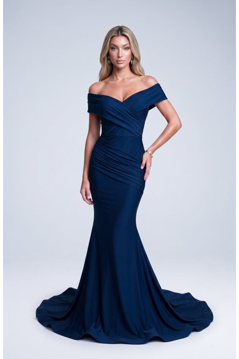 Off The Shoulder Ruched Mermaid Evening Gown, Alternate, color, Navy