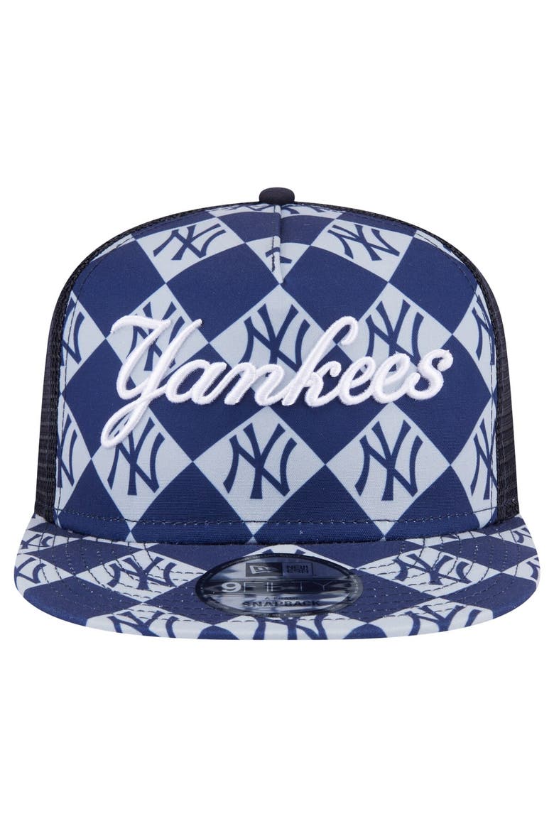 Men's New Era Navy New York Yankees Seeing Diamonds A-Frame Trucker 9FIFTY Snapback Hat, Alternate, color, Navy