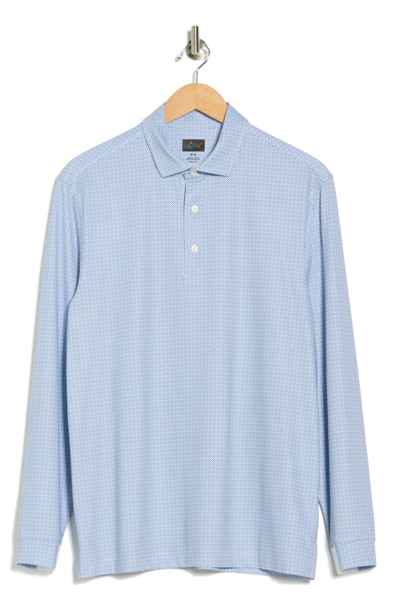 Greg Norman Knotweed Print Long Sleeve Performance Golf Polo, Alternate, color, White/ Blue