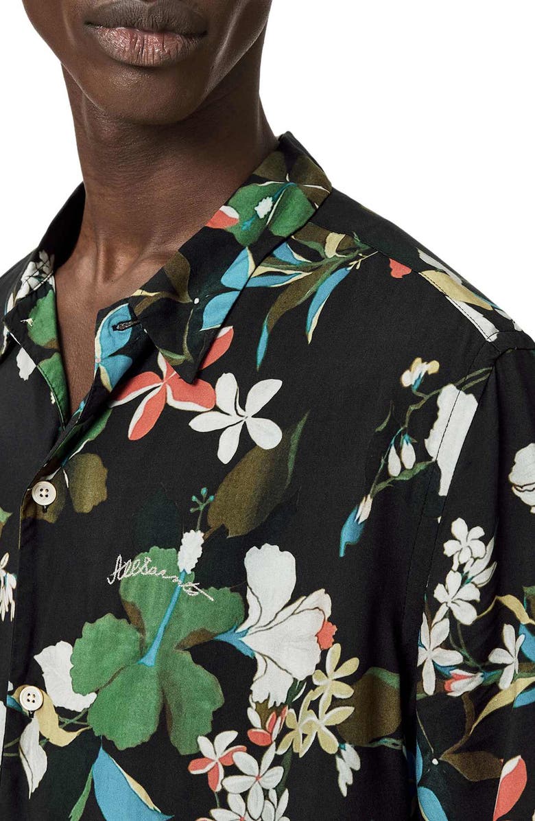 AllSaints Koh Chang Floral Short Sleeve Cotton Button-Up Shirt, Alternate, color, Jet Black