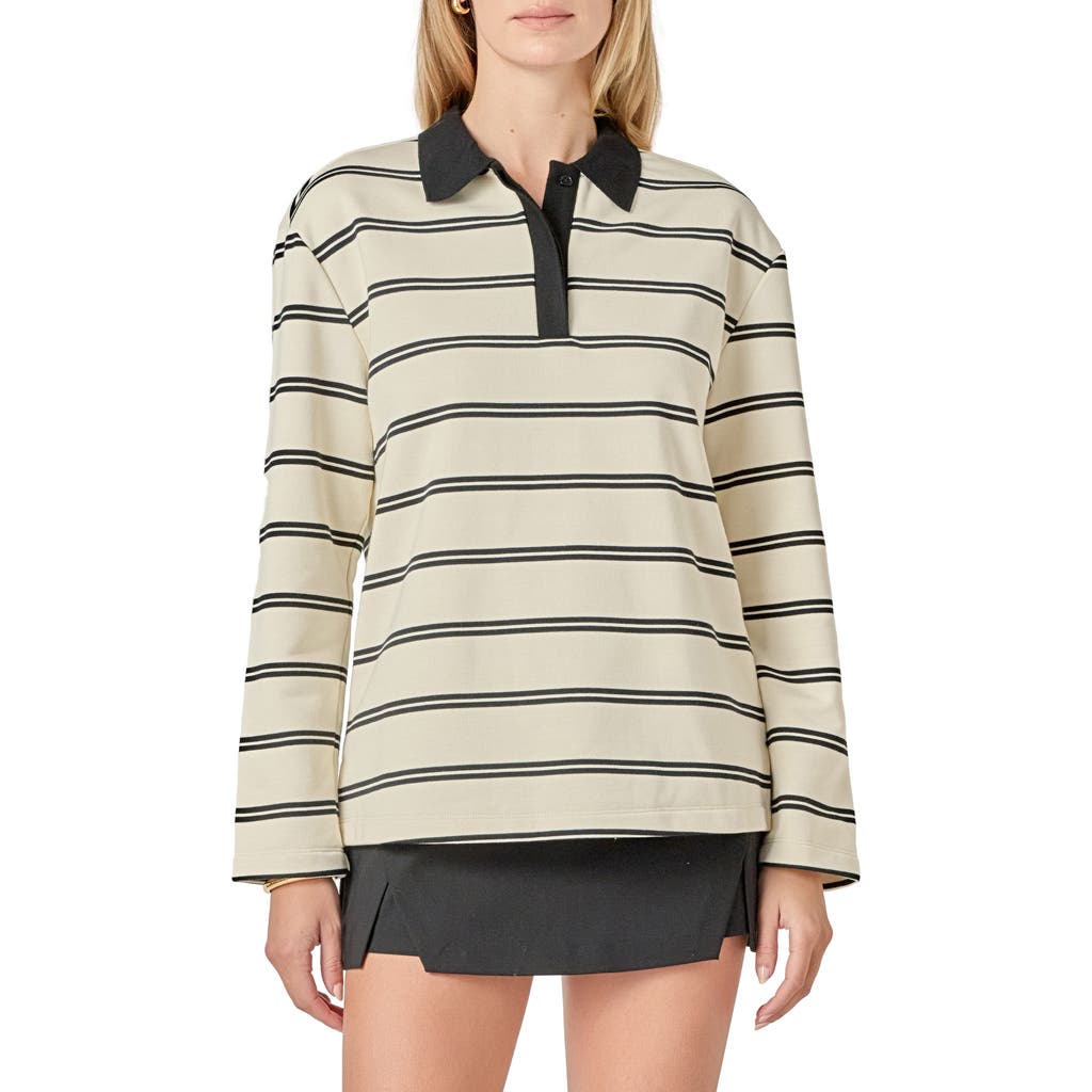 English Factory Stripe Long Sleeve Polo In Neutral