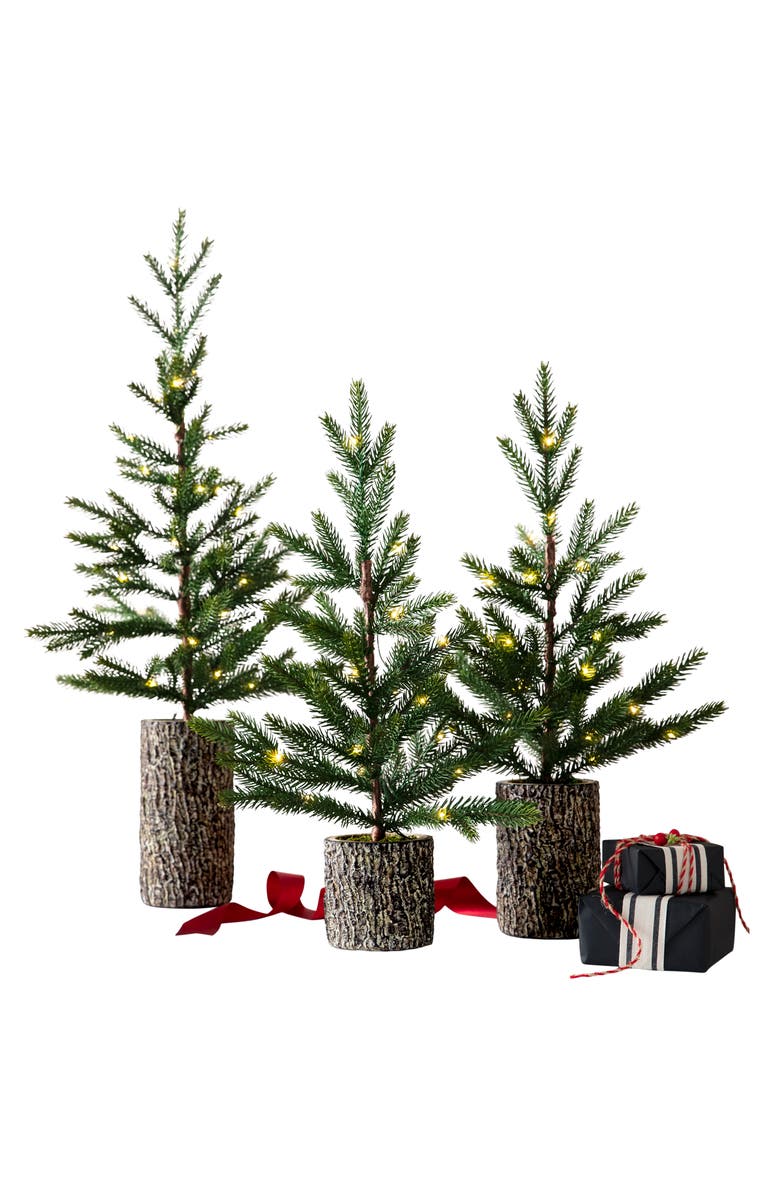 Balsam Hill Lit Evergreen Saplings Set of 3 Tabletop Trees, Main, color, Green