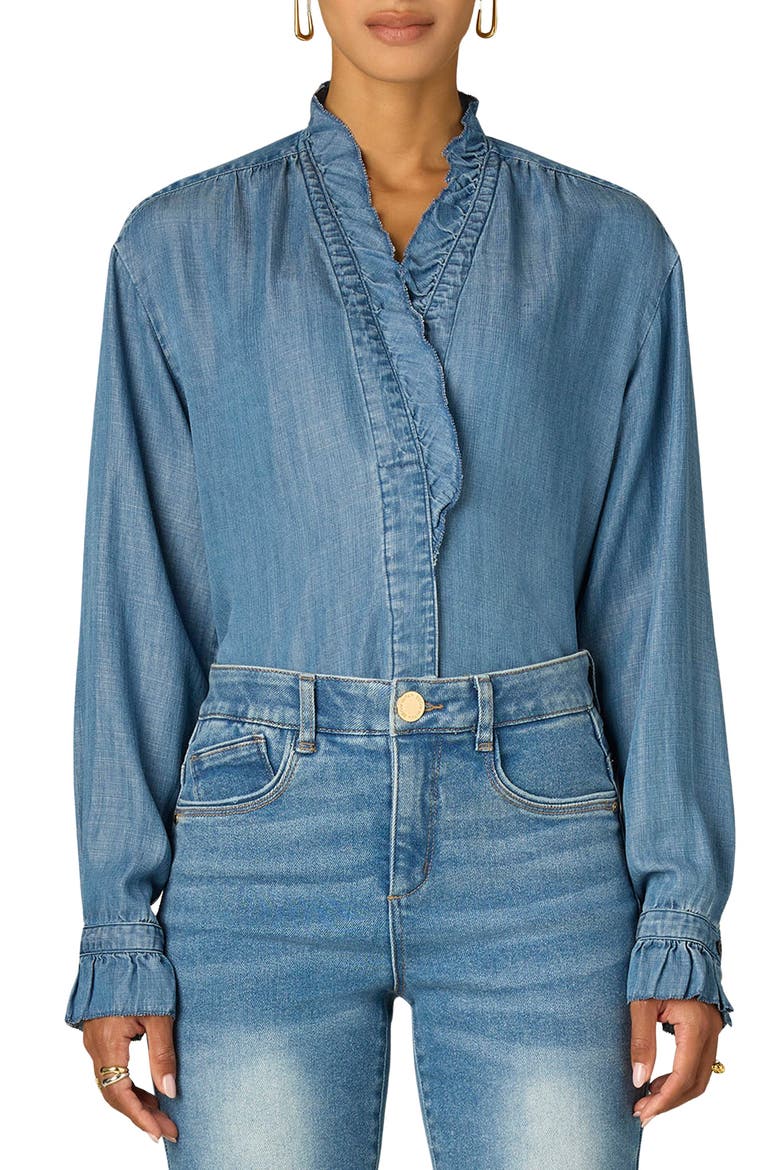 Ruffle Neck Lyocell Chambray Shirt, Main, color, MID BLUE