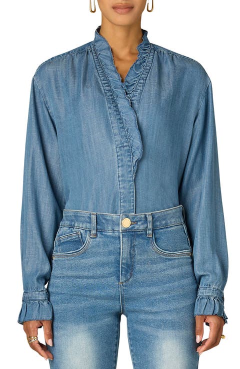 Ruffle Neck Lyocell Chambray Shirt