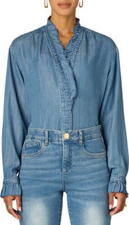 Wit & Wisdom Ruffle Neck Lyocell Chambray Shirt