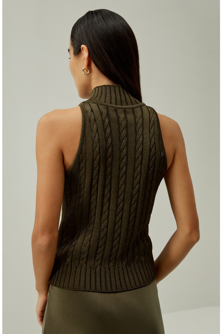 Women's Classic High-Neck Cable-Knit Sleeveless Silk Top, Alternate, color, Pine