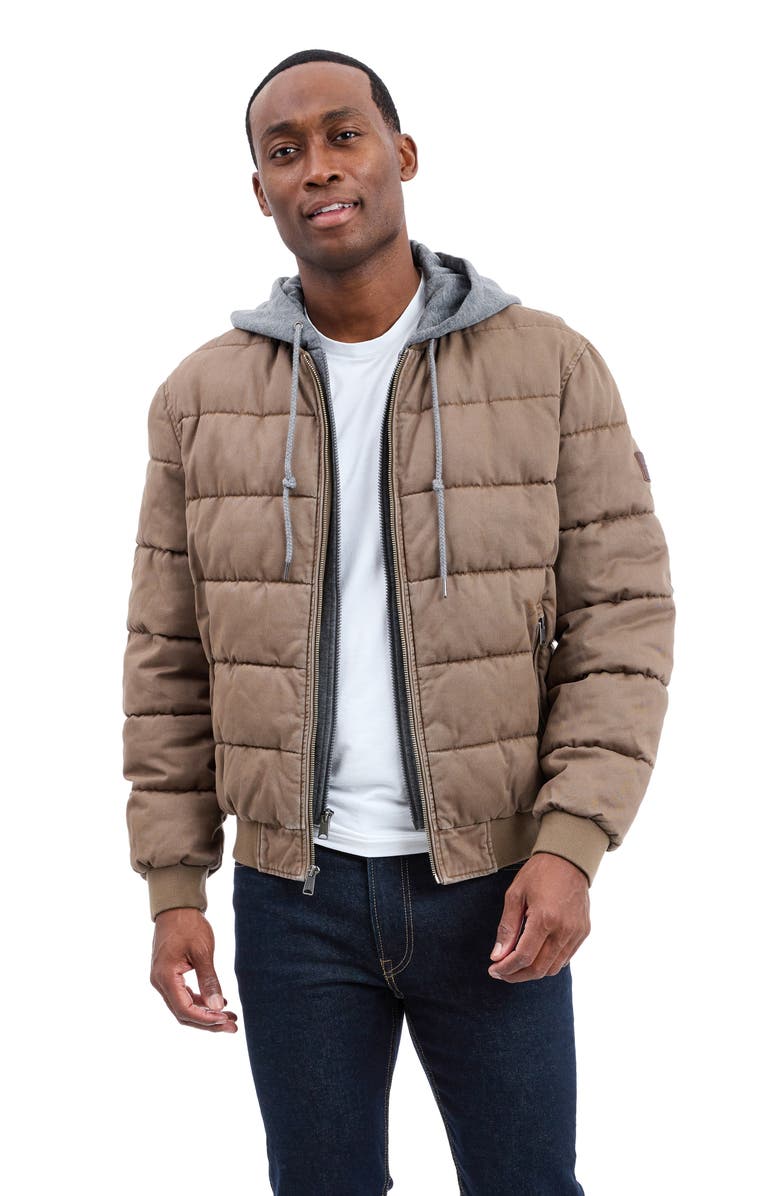 Lucky Brand Cotton Hooded Puffer Bomber Jacket, Alternate, color, Mushroom