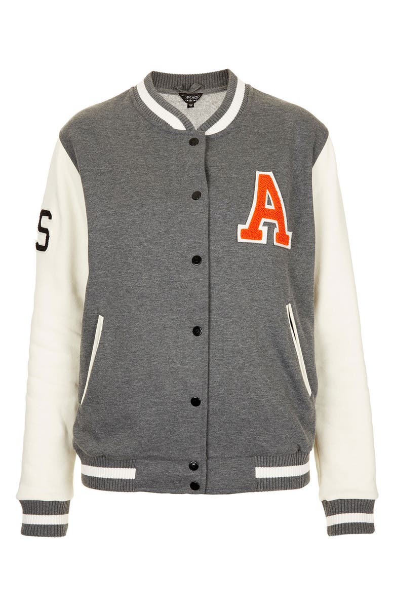 Topshop Jersey Varsity Jacket, Main, color, 