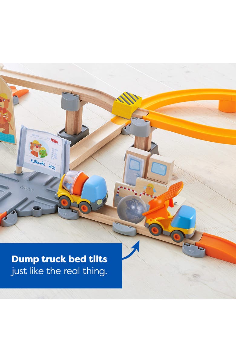 HABA Kullerbu Construction Zone Track Set with Dump Truck, Cement Mixer & Crane, Alternate, color, Multi