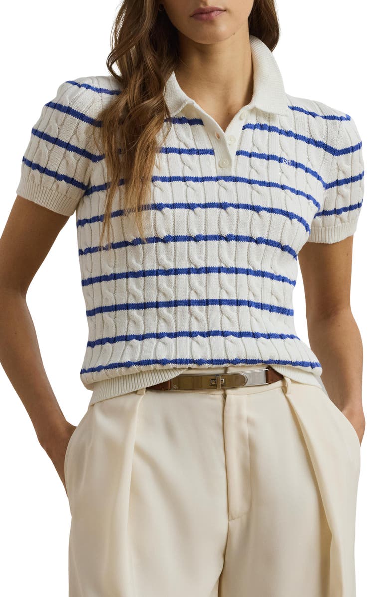 Lauren Ralph Lauren Stripe Cable Knit Cotton Polo Sweater, Main, color,