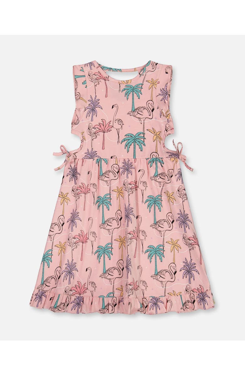Deux par Deux Little Girl's Printed Organic Cotton Dress With Cut Outs Palm Trees, Pink Flamingo, And Turquoise, Main, color, Palm Trees, Pink Flamingo