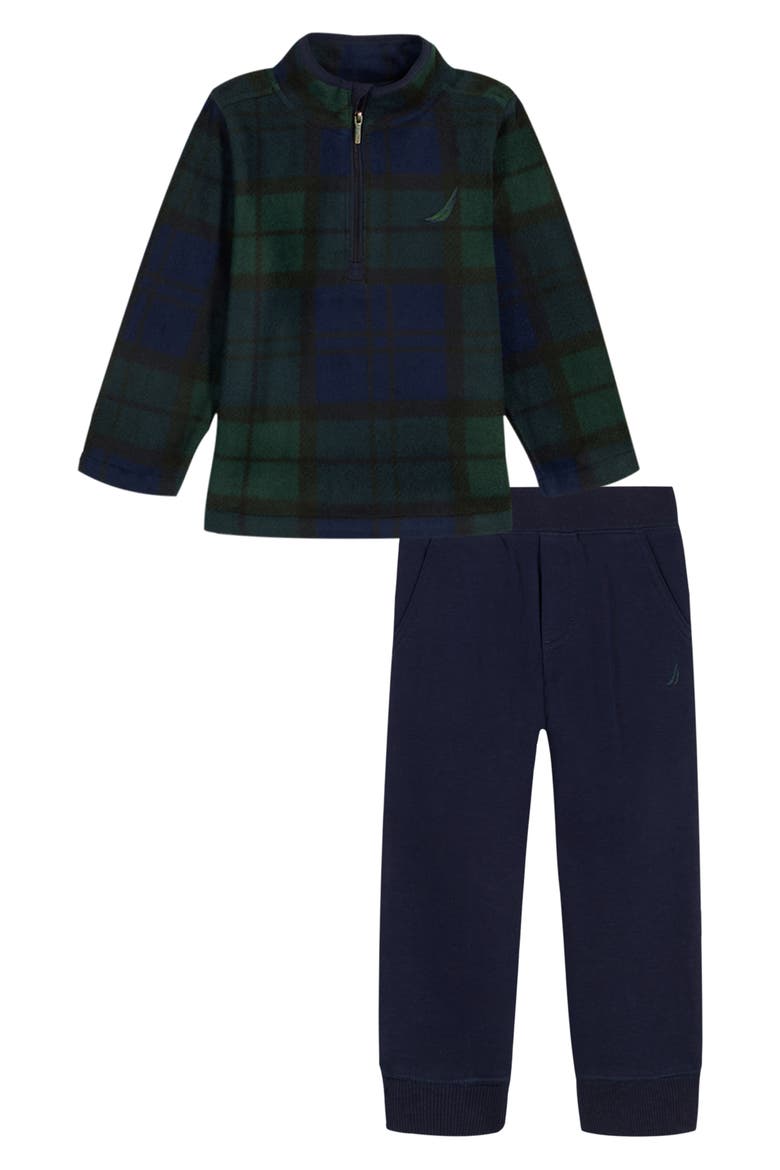 Plaid Fleece Quarter Zip Pullover & Knit Pants, Main, color, BLUE MULTI