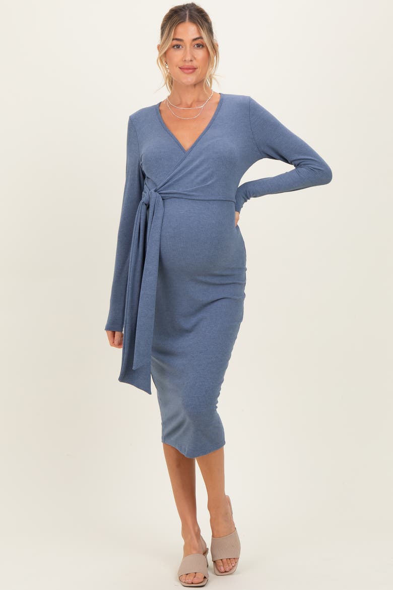 Ribbed Long Sleeve Wrap Dress, Alternate, color, Denim