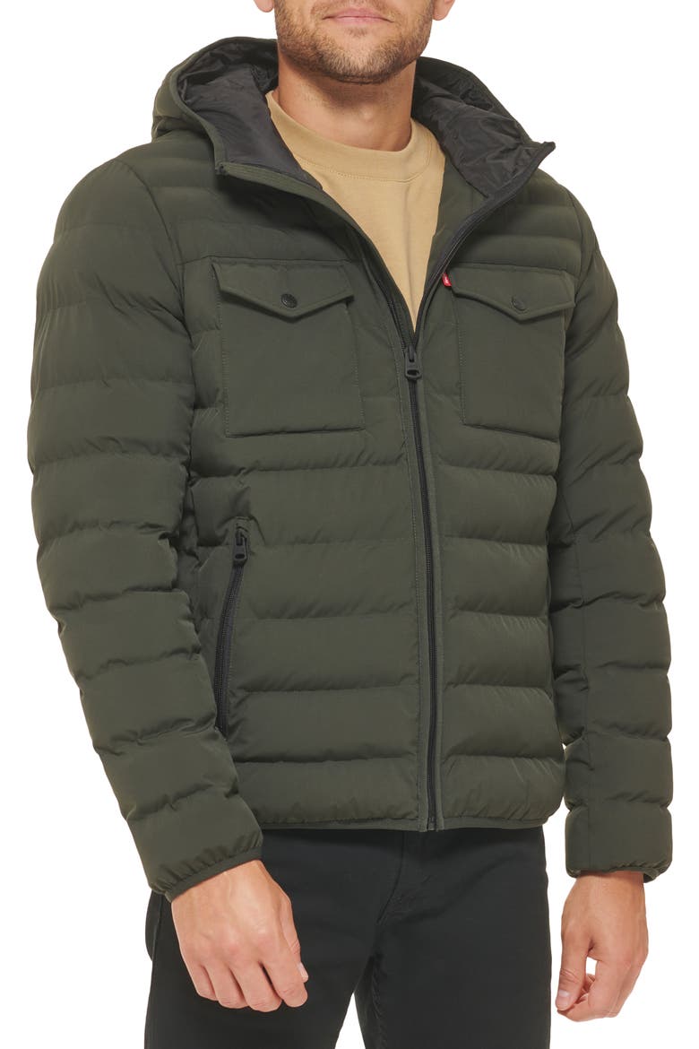 Stretch Hooded Puffer Jacket, Main, color, OLIVE