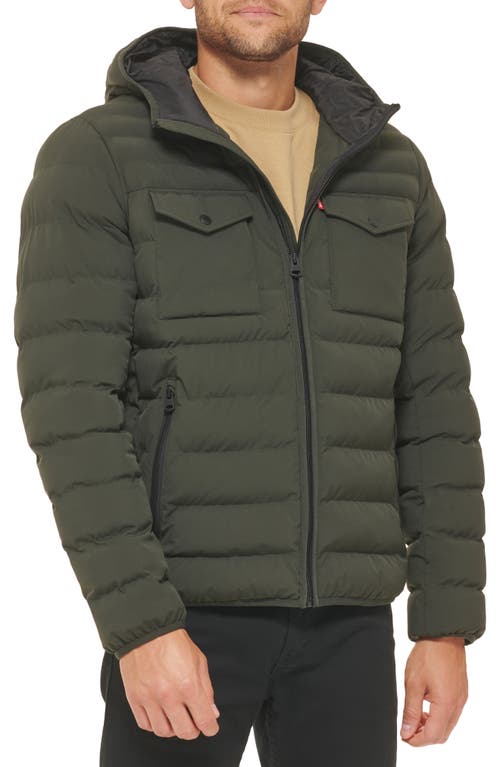 levi's Stretch Hooded Puffer Jacket in Olive 