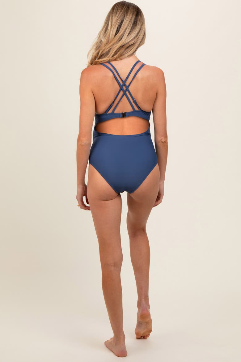 Ruched Side Strappy Cross Back One Piece Swimsuit, Alternate, color, Royal Blue