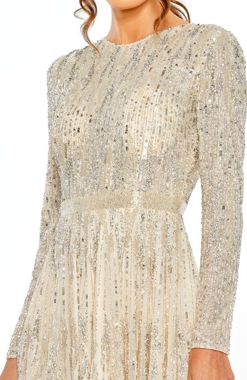 Mac Duggal Sequin High Neck Long Sleeve A Line Dress In Silver Nude