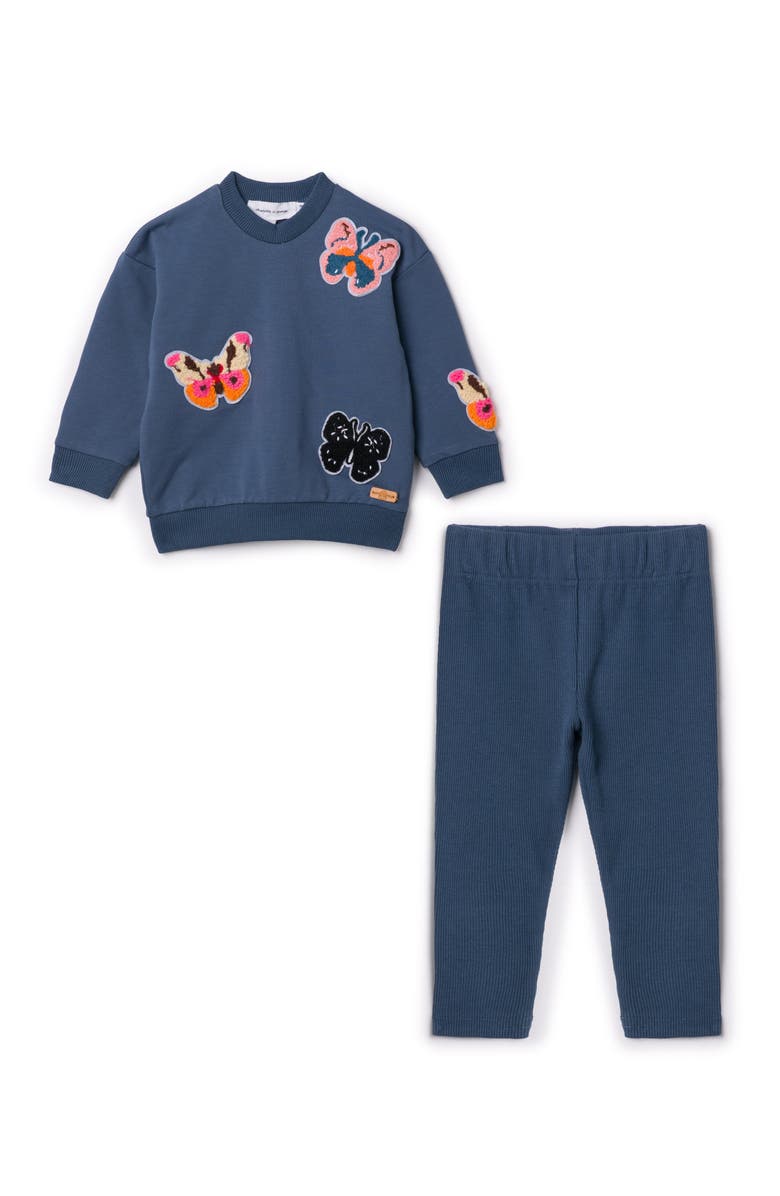 Charlotte & George Butterfly Hook Stitch Set French Fleece Top and Leggings Set, Main, color, Denim