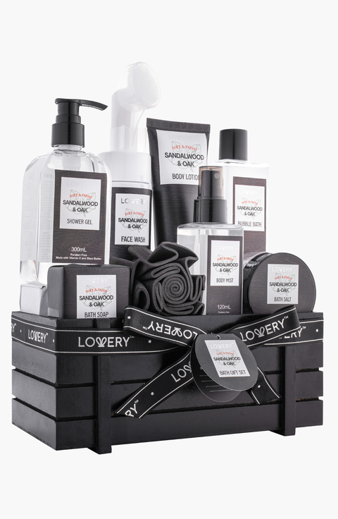 Luxury Spa Kit - Sandalwood & Oak Scented Bath Gift Set & Shower Basket