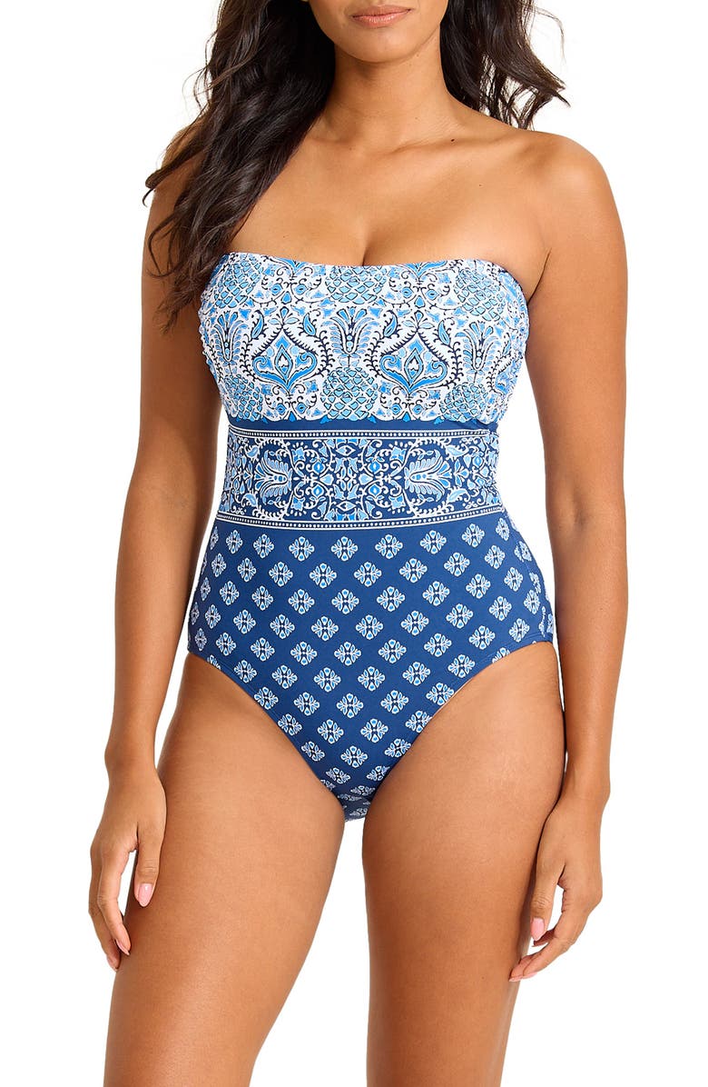 Tommy Bahama Noble Pineapple Strapless One-Piece Swimsuit, Main, color, Indigo Tide