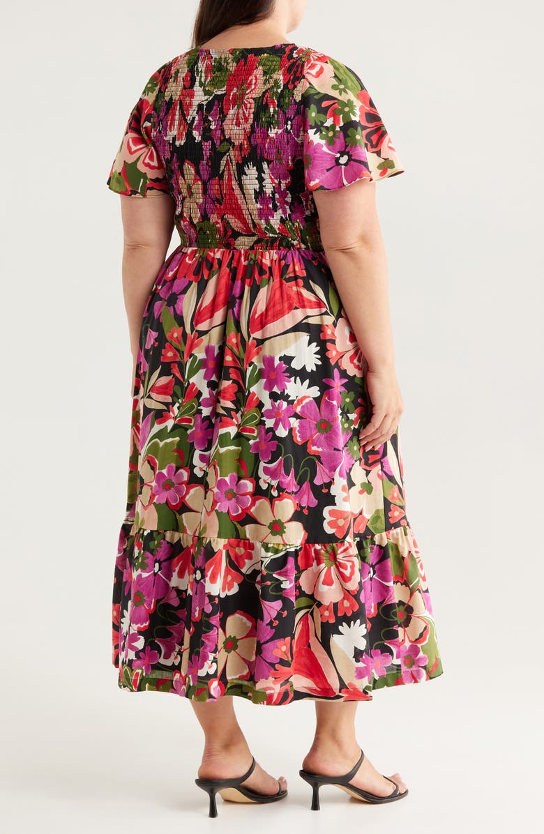 Anne Klein Floral Smocked Flutter Sleeve Cotton Maxi Dress, Alternate, color, Anne Black Multi