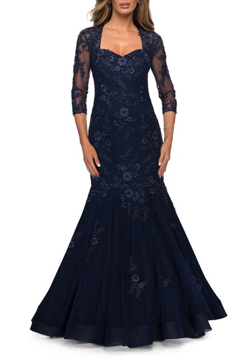 La Femme Long Lace Mermaid Gown With Square Neckline In Navy