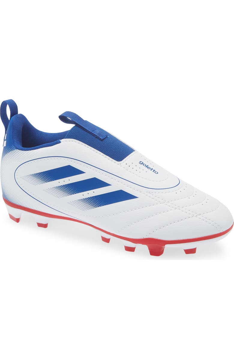 adidas Kids' Goletto IX Laceless Socker Cleat, Main, color, White/ Royal Blue/ Scarlet