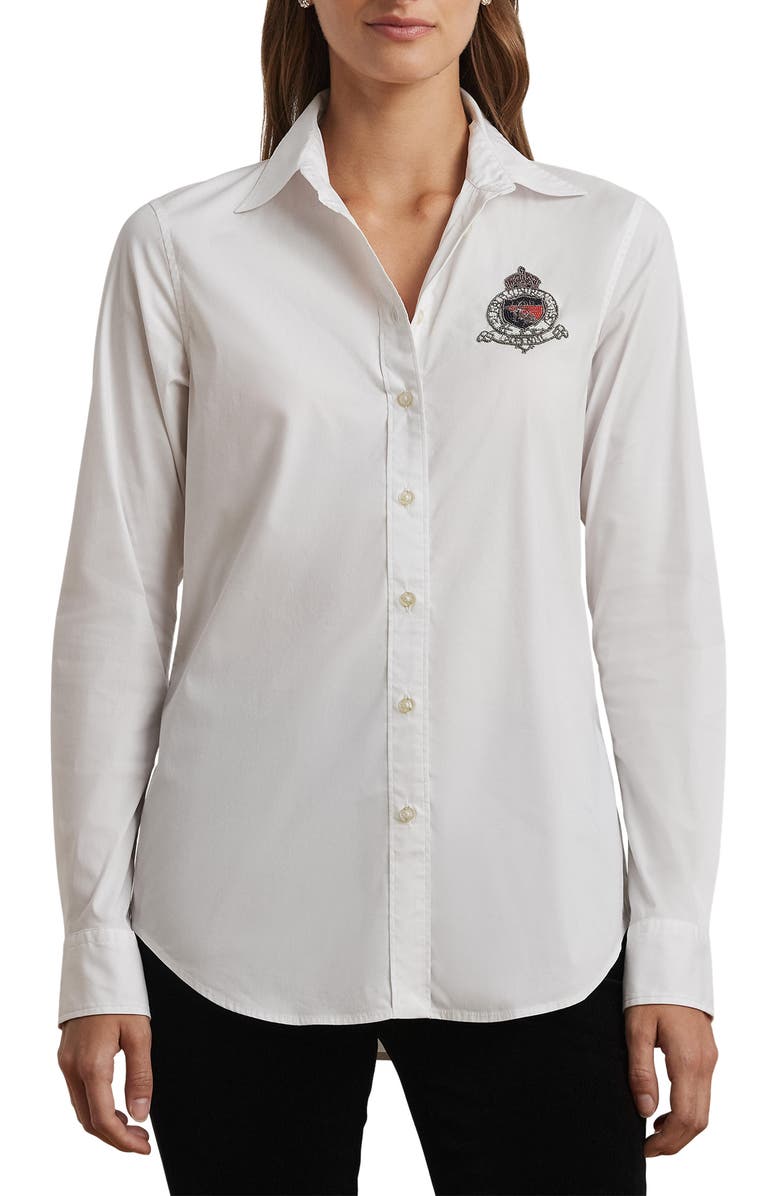Lauren Ralph Lauren Beaded Logo Button-Up Shirt, Main, color, White
