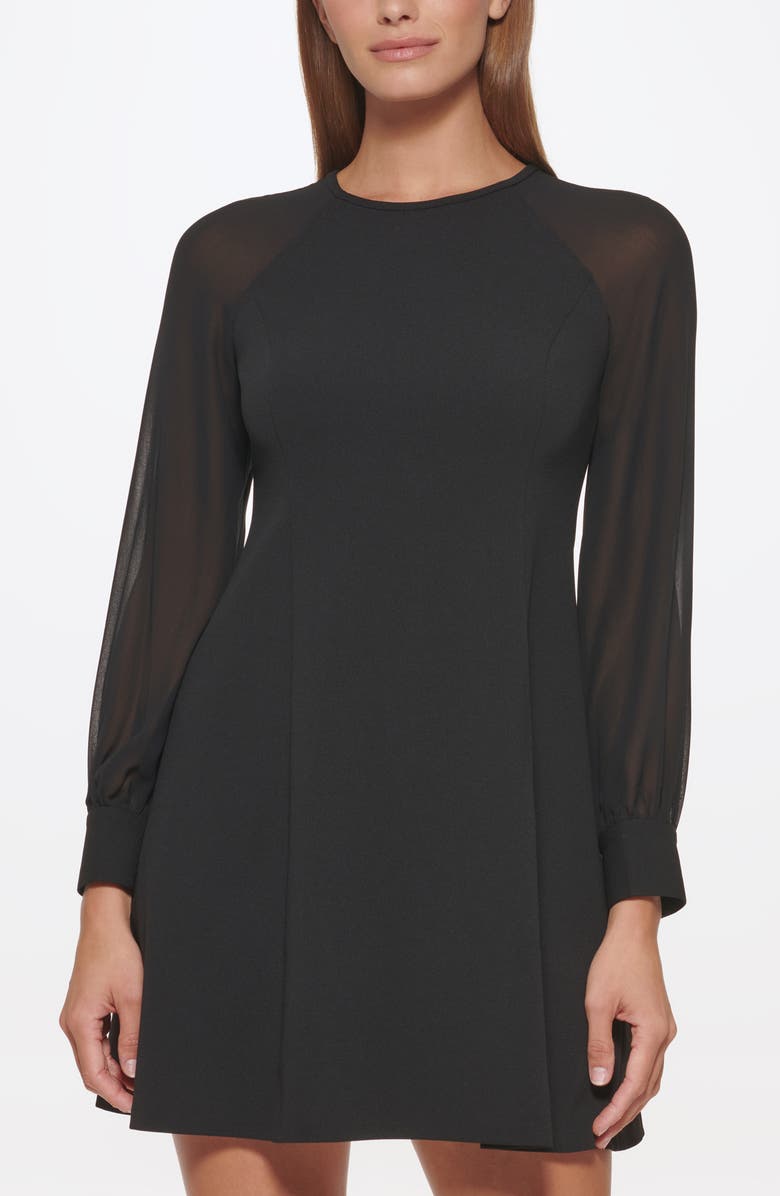 Calvin Klein Sheer Long Sleeve A-Line Dress, Alternate, color, Black