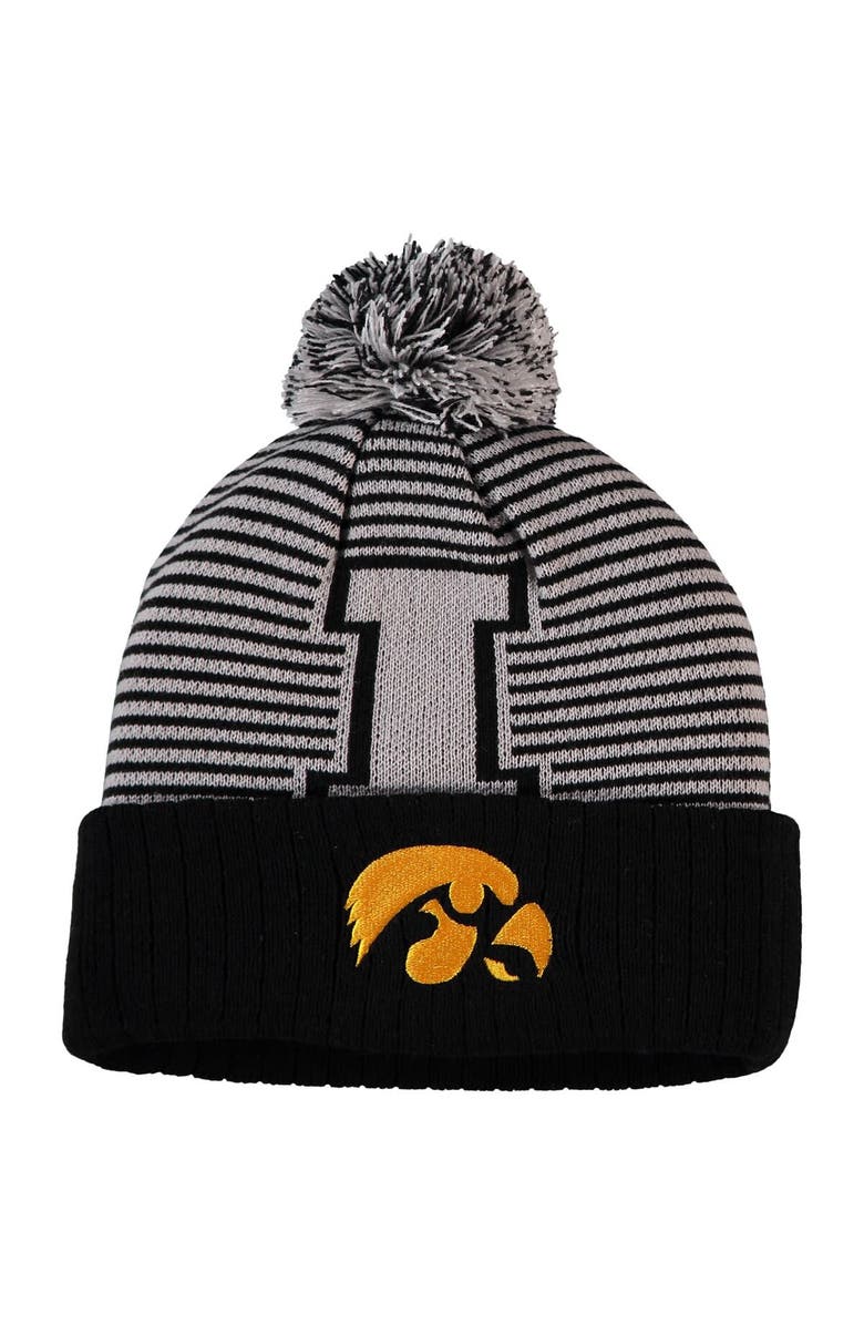 TOP OF THE WORLD Men's Top of the World Black Iowa Hawkeyes Line Up Cuffed Knit Hat with Pom, Main, color,