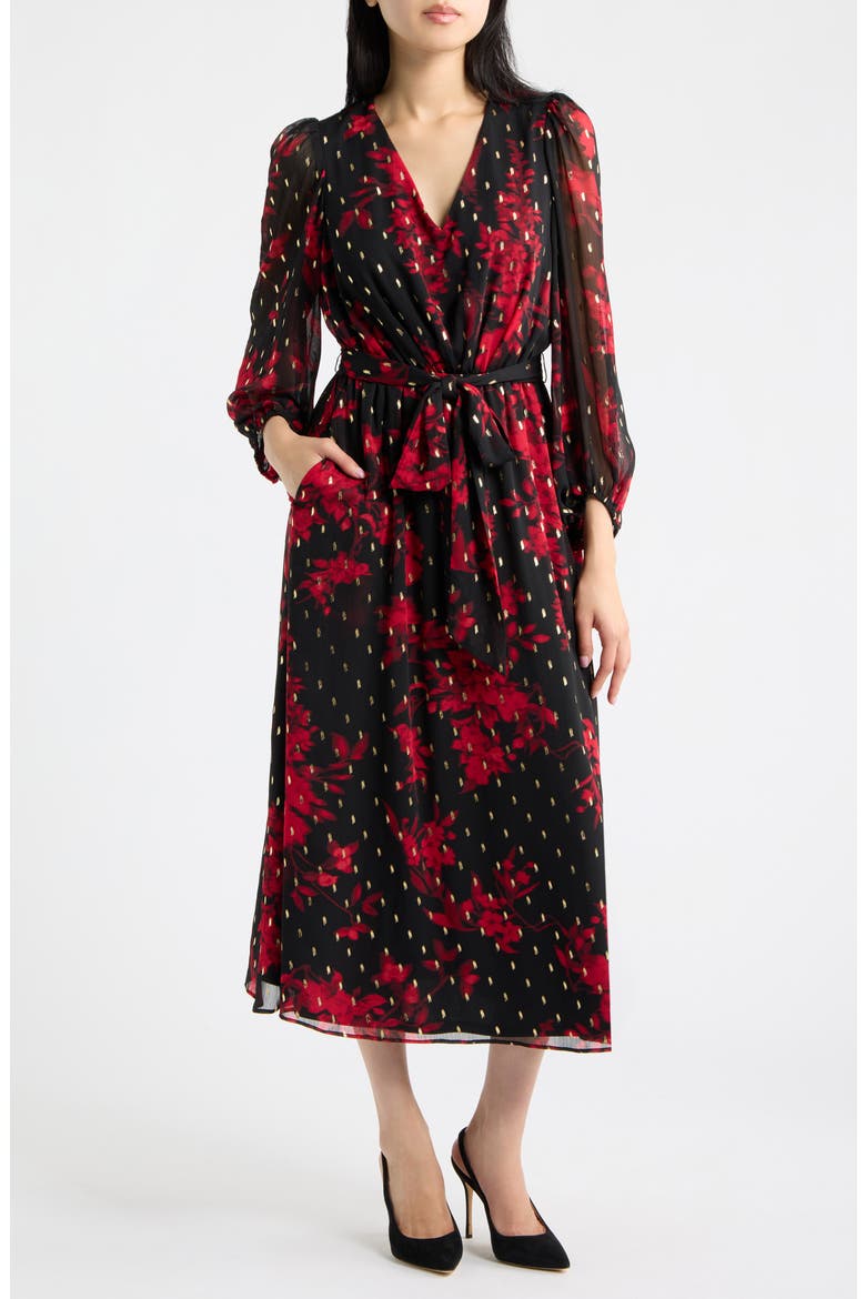 V-Neck Gathered Sleeve Midi Dress, Main, color, TITIAN RED MULTI