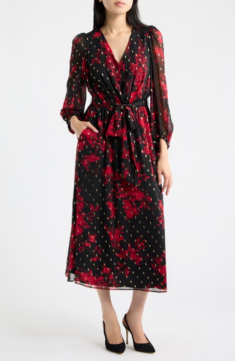 V-Neck Gathered Sleeve Midi Dress