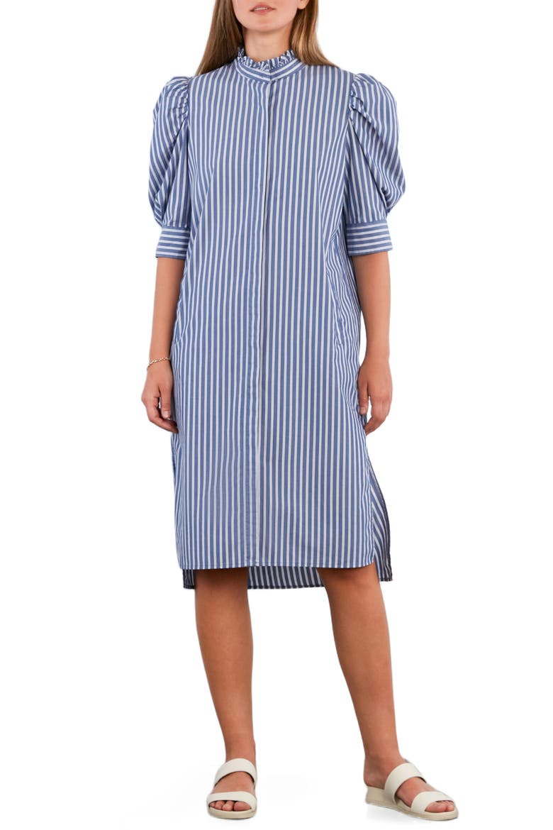 Sweet Stripe Puff Sleeve Cotton Shirtdress, Main, color, REGATTA BLUE